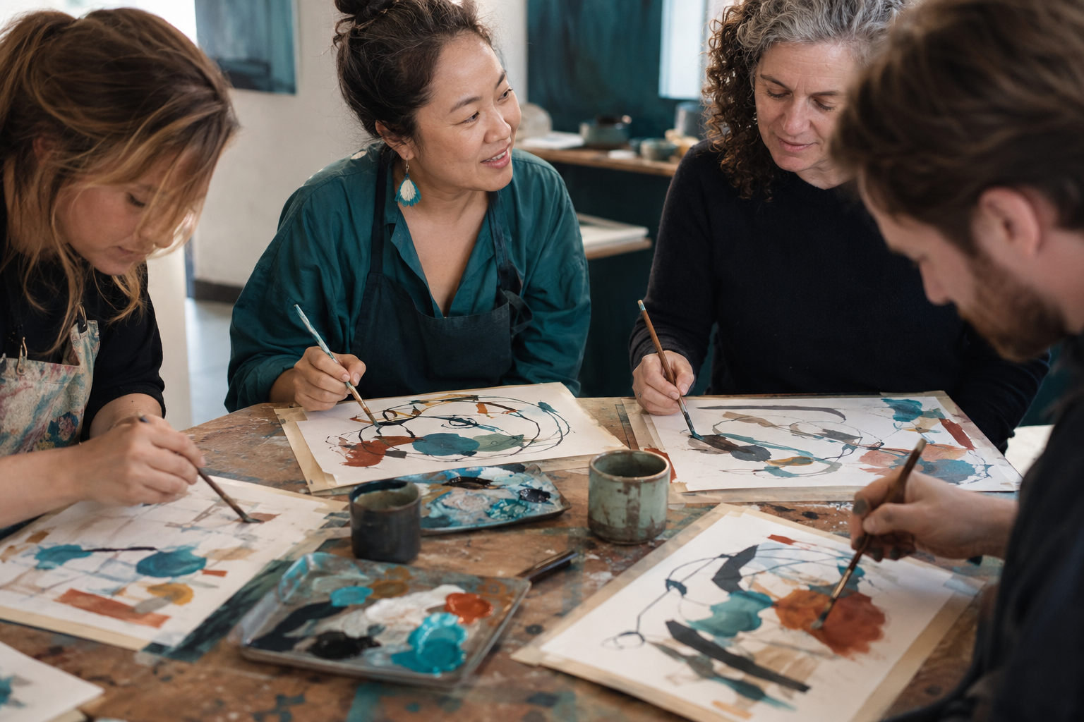 A small group painting abstract watercolour artworks together at a table in a creative workshop