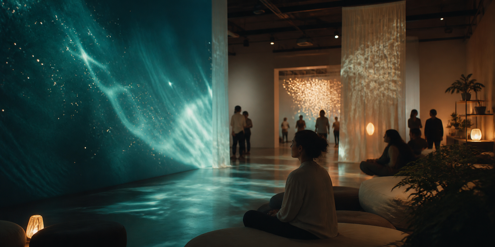 Visitors seated inside a dark immersive installation room with a glowing teal projected wave visual, sheer fabric panels and warm pendant lighting