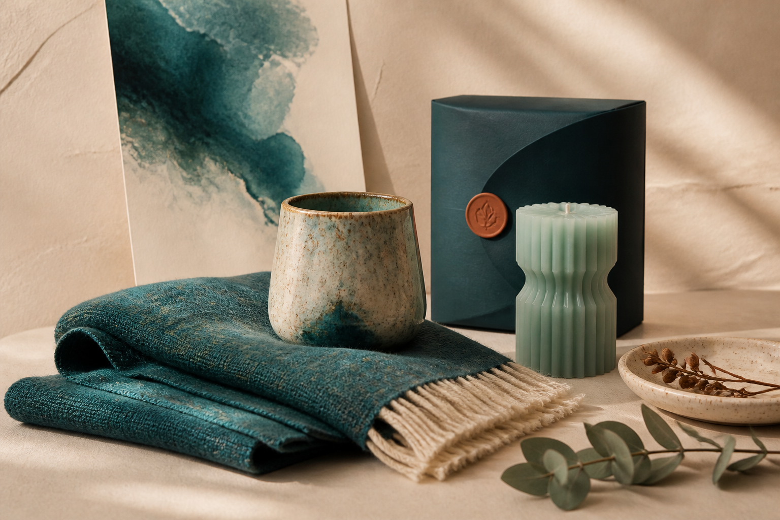 A curated flat-lay of a ceramic mug, teal throw blanket, ribbed candle in a gift box and dried botanicals